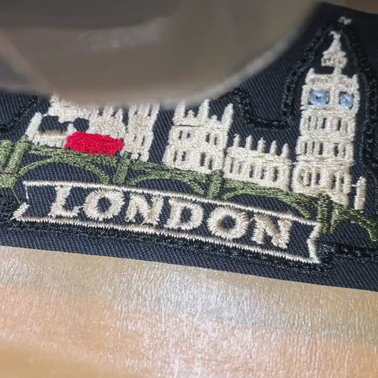 Embroidered London Patch 80 mm – Big Ben, Westminster Bridge and Red Bus – UK Travel Souvenir Patch