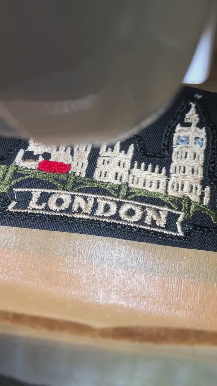 Embroidered London Patch 80 mm – Big Ben, Westminster Bridge and Red Bus – UK Travel Souvenir Patch